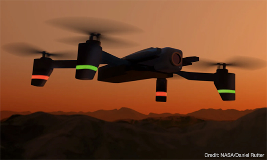 Image of a drone in front of a smoke-filled sky.