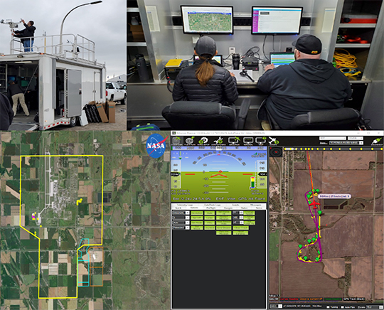 Researchers in NASA Ames' Airspace Operations Laboratory (AOL) performing flight test operations in development of a prototype Federal UAS Service Supplier (FUSS)